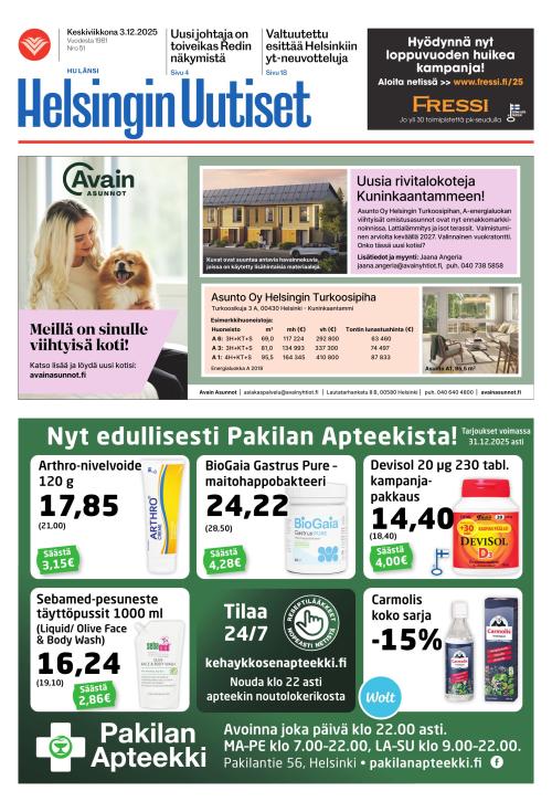 Helsingin Uutiset (Länsi) & Munkin Seutu 3.12.2025