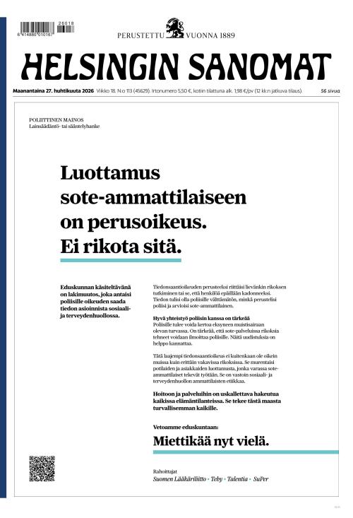 Helsingin Sanomat 27.4.2026