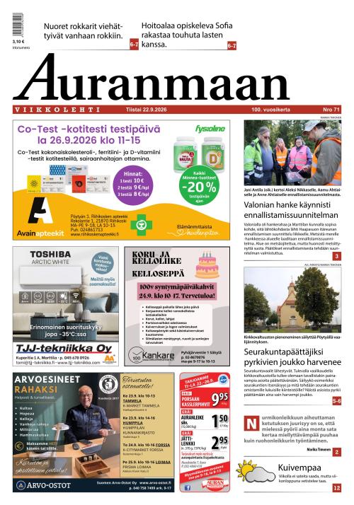 Auranmaan Viikkolehti 22.9.2026