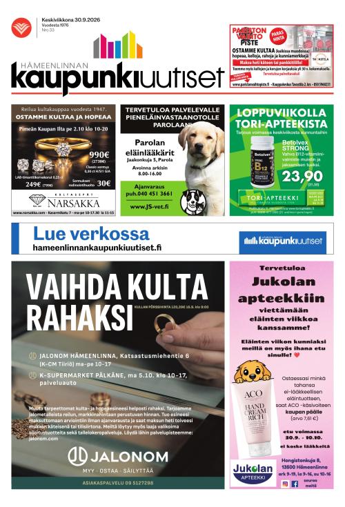 Hämeenlinnan kaupunkiuutiset 30.9.2026