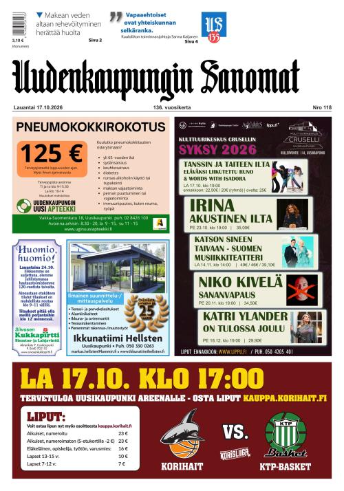 Uudenkaupungin Sanomat 17.10.2026